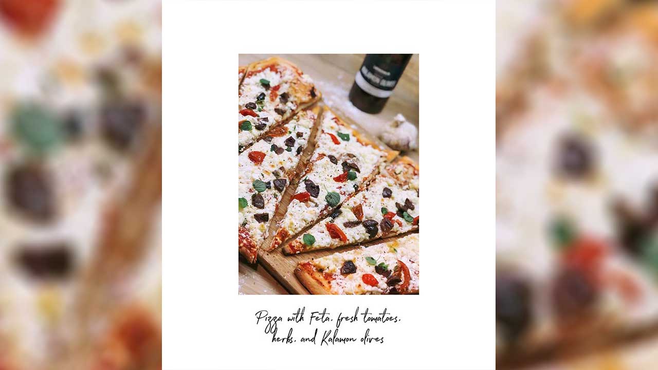 FRIDAY: Pizza with feta cheese, fresh tomatoes, herbs, and Kalamon olives